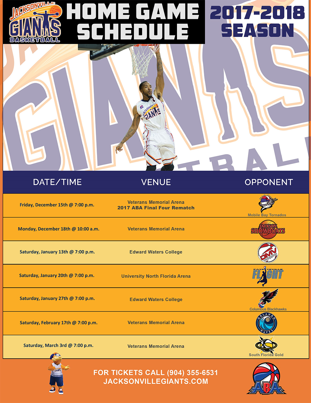 Jacksonville Giants 20172018 Home Game Schedule Jacksonville Giants