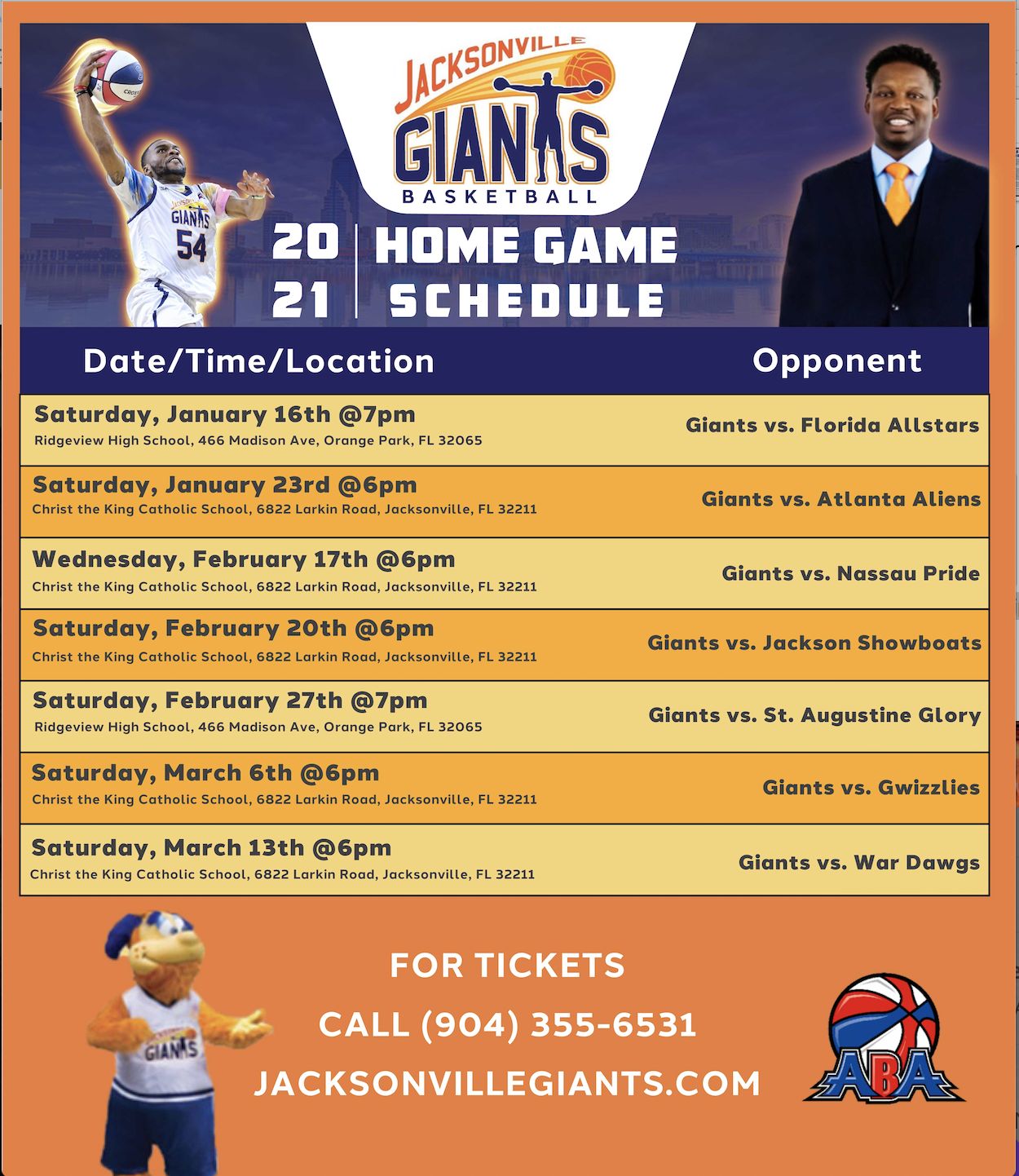 20202021 SEASON HOME GAME SCHEDULE Jacksonville Giants